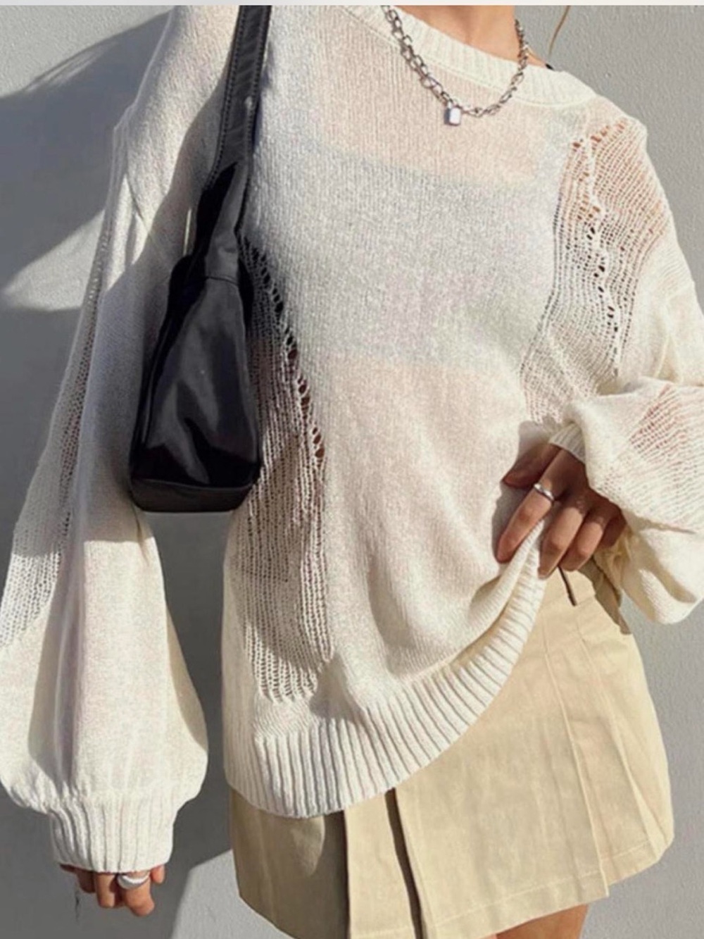 Princess Polly Cream Open-Knit Balloon-Sleeve Sweater